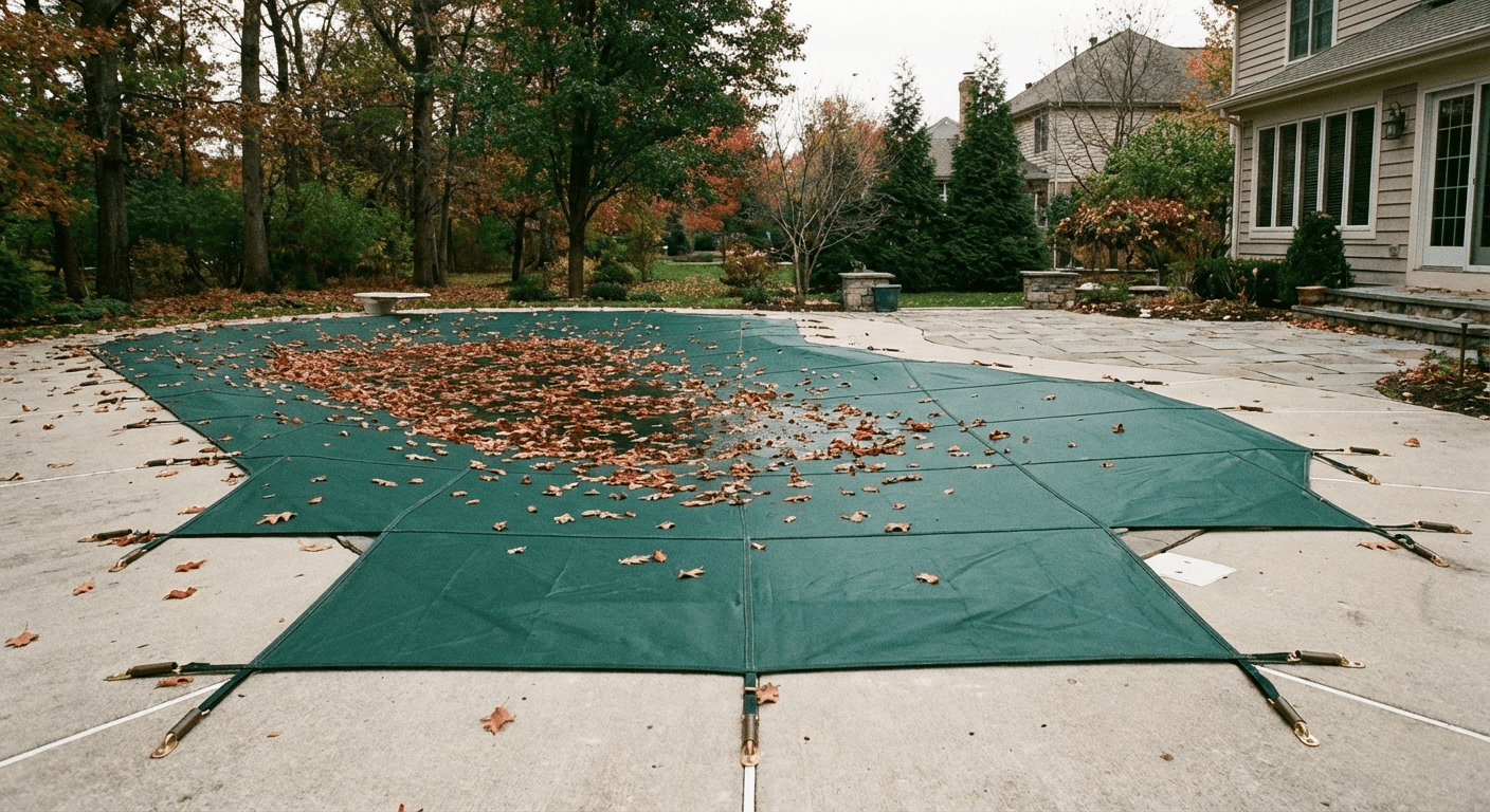 Pool with safety cover installed for winter